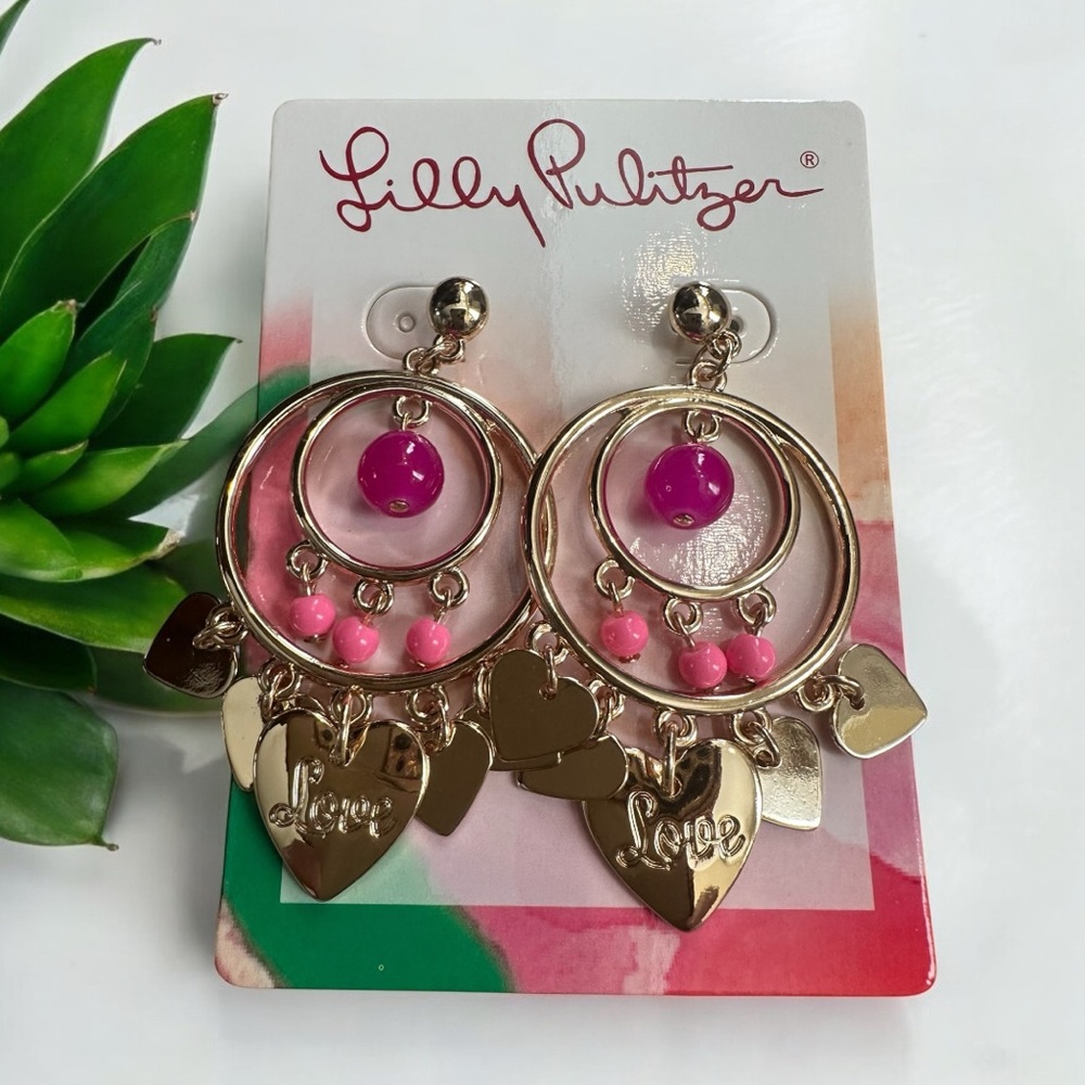 LILLY PULITZER EARRINGS Paradise Pink LOVE HEART‎ CHARM Dangling NWT